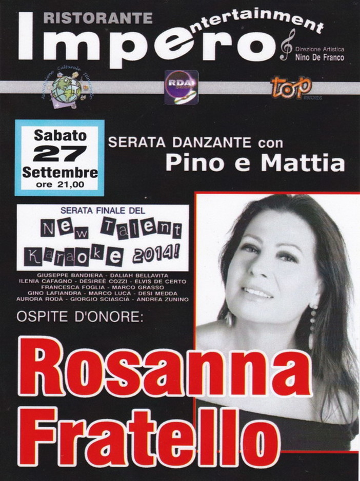 Ventimiglia: Rosanna Fratello sarà sabato prossimo al New Talent Karaoke 2014 Ventimiglia: Rosanna Fratello sarà sabato prossimo al New Talent Karaoke 2014
