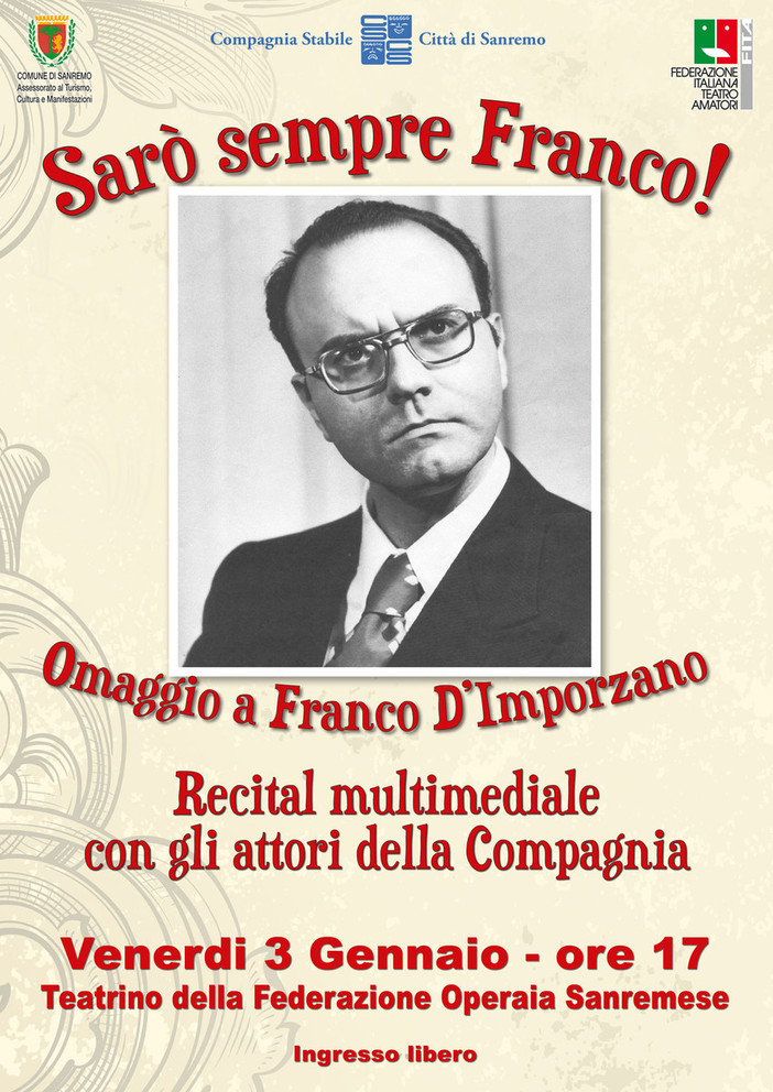Sanremo: il 3 gennaio alla Federazione Operaia un pomeriggio per rendere omaggio a Franco D'Imporzano