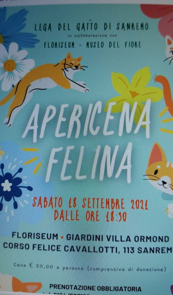 Sanremo: domani sera alle ore 18,30 al Floriseum apericena per aiutare la Lega del Gatto Sanremo: domani sera alle ore 18,30 al Floriseum apericena per aiutare la Lega del Gatto