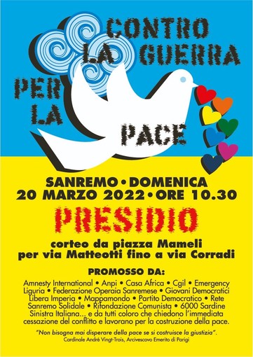 Sanremo. domenica 'Contro la guerra costruiamo la pace', presidio con corteo contro il conflitto in Ucraina