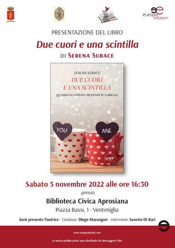 Ventimiglia: all'Aprosiana presentazione libro  Serena Surace ‘Due Cuori e una Scintilla - Quando gli opposti mettono su famiglia’