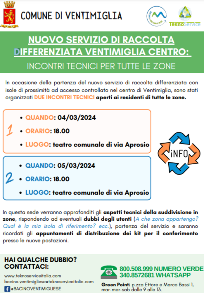 Ventimiglia, il 4 e il 5 marzo il Comune incontra i cittadini per la nuova raccolta differenziata Ventimiglia, il 4 e il 5 marzo il Comune incontra i cittadini per la nuova raccolta differenziata