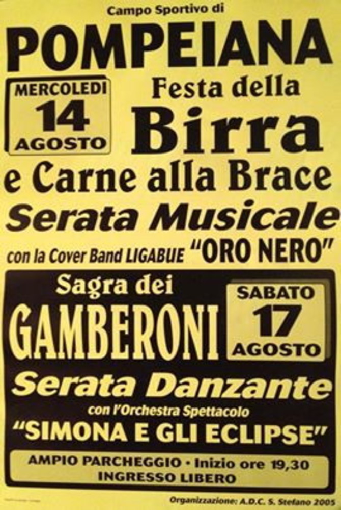 Pompeiana: il 14 agosto Festa della Birra e il 17 Sagra dei Gamberoni Pompeiana: il 14 agosto Festa della Birra e il 17 Sagra dei Gamberoni