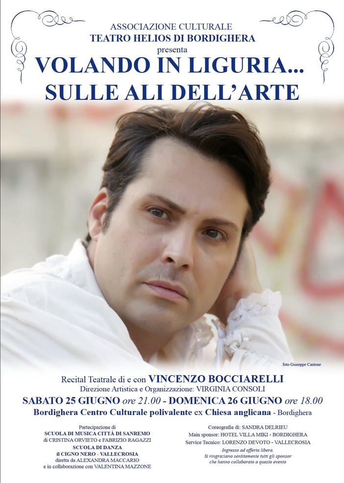 Bordighera: il 25 e 26 giugno recital poetico con l'attore Vincenzo Bocciarelli Bordighera: il 25 e 26 giugno recital poetico con l'attore Vincenzo Bocciarelli