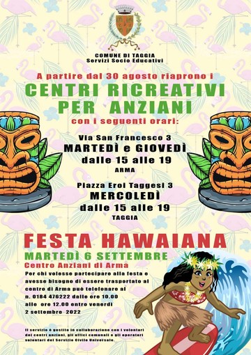 Taggia, riaprono i centri ricreativi per gli anziani: il 6 settembre grande festa con gli utenti e i cittadini