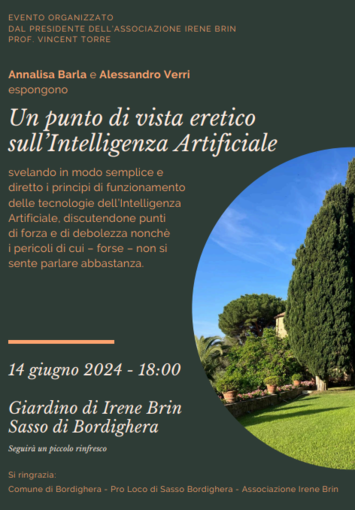 Bordighera, venerdì la conferenza “Un punto di vista eretico sull’Intelligenza Artificiale” Bordighera, venerdì la conferenza “Un punto di vista eretico sull’Intelligenza Artificiale”