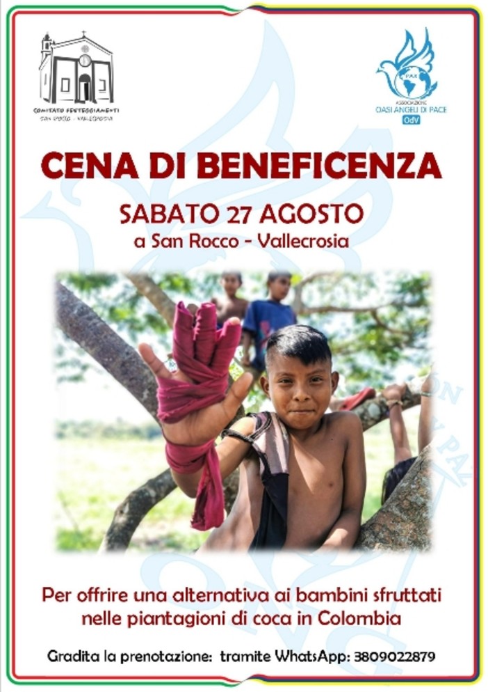 Vallecrosia: sabato cena di beneficenza a favore della associazione Oasi Angeli di Pace Vallecrosia: sabato cena di beneficenza a favore della associazione Oasi Angeli di Pace