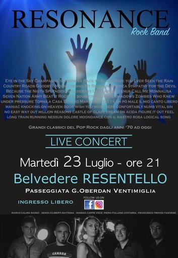 Ventimiglia: martedì al Resentello musica pop-rock con l'esibizione della Resonance Band