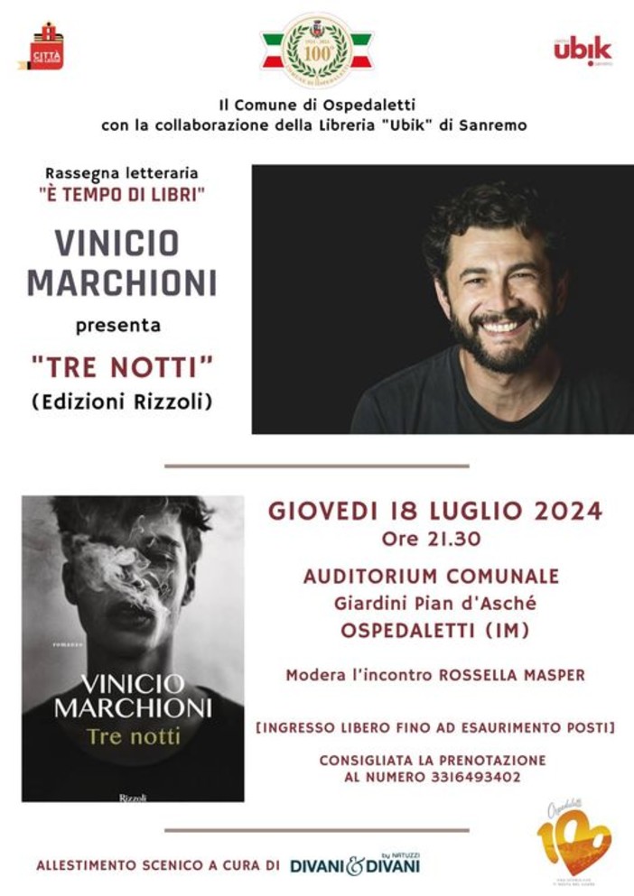 Ospedaletti, giovedì a 'E' tempo di libri' la presentazione di 'Tre notti' dell'attore Vinicio Marchioni Ospedaletti, giovedì a 'E' tempo di libri' la presentazione di 'Tre notti' dell'attore Vinicio Marchioni