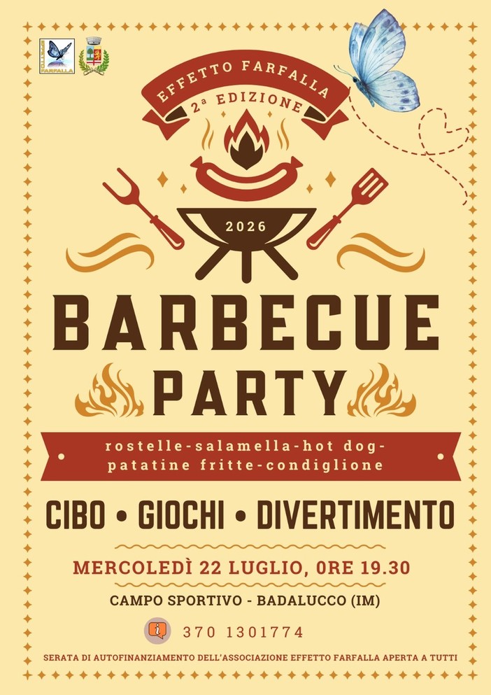 Torna il "Barbecue Party" di Effetto Farfalla a Badalucco: una serata di festa, griglia e giochi per sostenere i giovani e le famiglie del territorio Torna il "Barbecue Party" di Effetto Farfalla a Badalucco: una serata di festa, griglia e giochi per sostenere i giovani e le famiglie del territorio