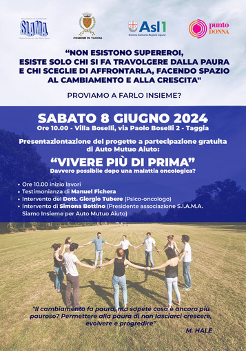 Taggia, sabato la presentazione del progetto di Auto Mutuo Aiuto “Vivere più di prima-Davvero possibile dopo una malattia oncologica?”