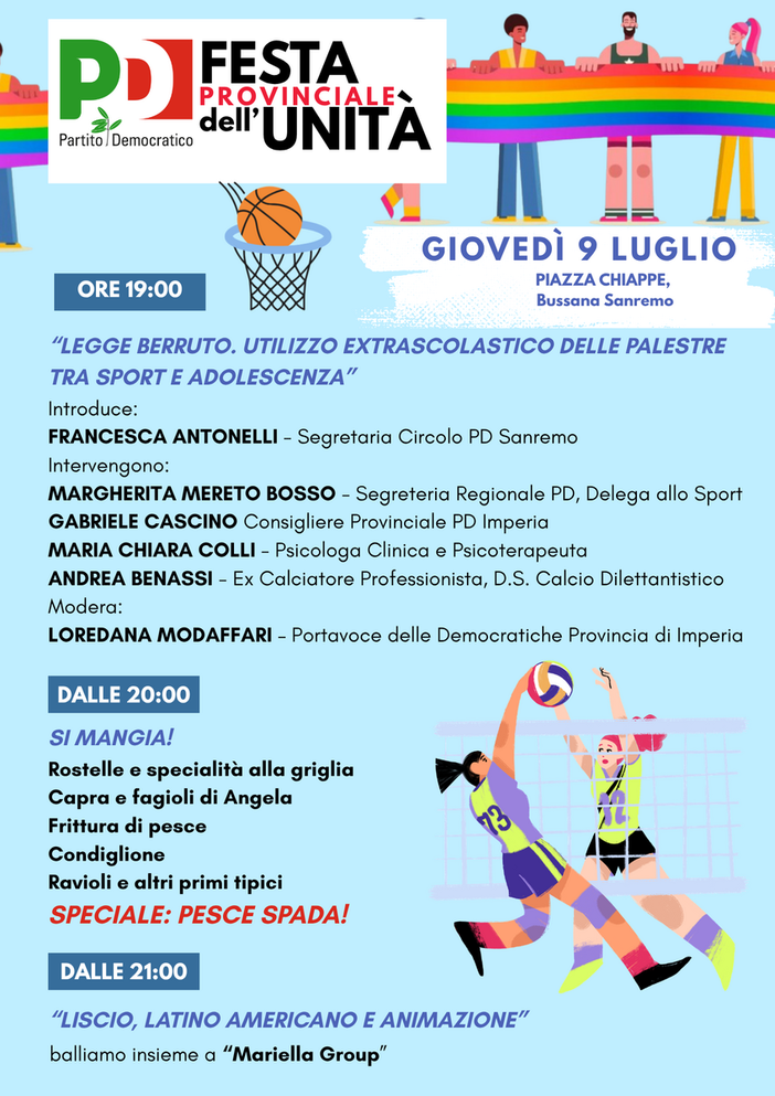 Festa dell'Unità a Bussana, confronto sull'utilizzo extrascolastico delle palestre con Mauro Berruto e gli esperti del settore