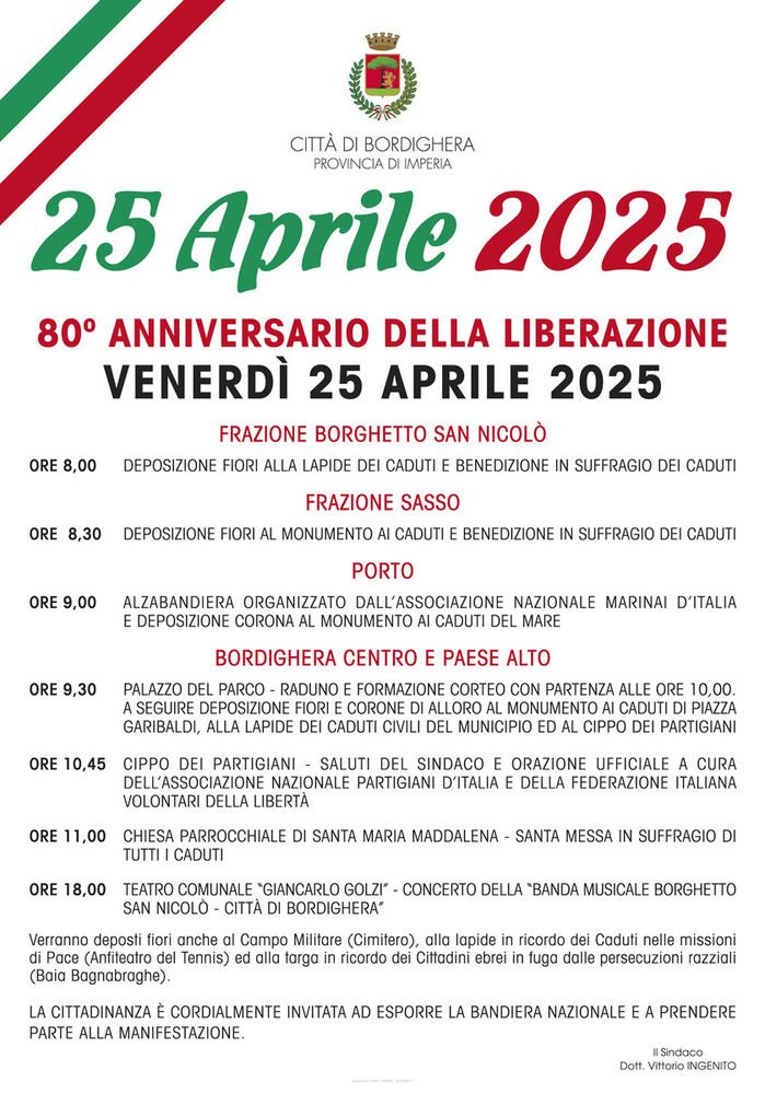 Bordighera, ecco il programma delle celebrazioni per il 25 aprile 2025
