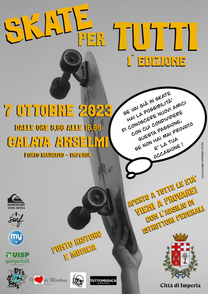 Imperia: con l'evento 'Skate per tutti' un'intera giornata dedicata allo Skateboard Imperia: con l'evento 'Skate per tutti' un'intera giornata dedicata allo Skateboard