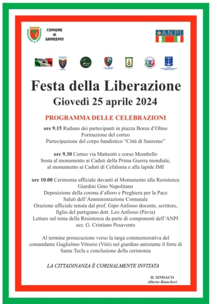 25 aprile, ecco le iniziative organizzate dal Comune di Sanremo in sinergia con L'Anpi