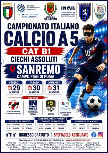 Sanremo, lo spettacolo Calcio a 5 per non vedenti: dal 29 al 31 maggio le gare del Girone Nord a Pian di Poma