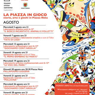 Sanremo, domani sera in piazza Nota il primo laboratorio di agosto dedicato a bambini dai 6 ai 12 anni Sanremo, domani sera in piazza Nota il primo laboratorio di agosto dedicato a bambini dai 6 ai 12 anni