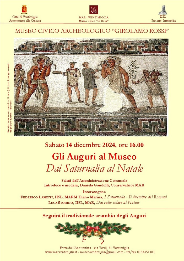 Ventimiglia, domani al Mar gli auguri "Dai Saturnalia al Natale" Ventimiglia, domani al Mar gli auguri "Dai Saturnalia al Natale"