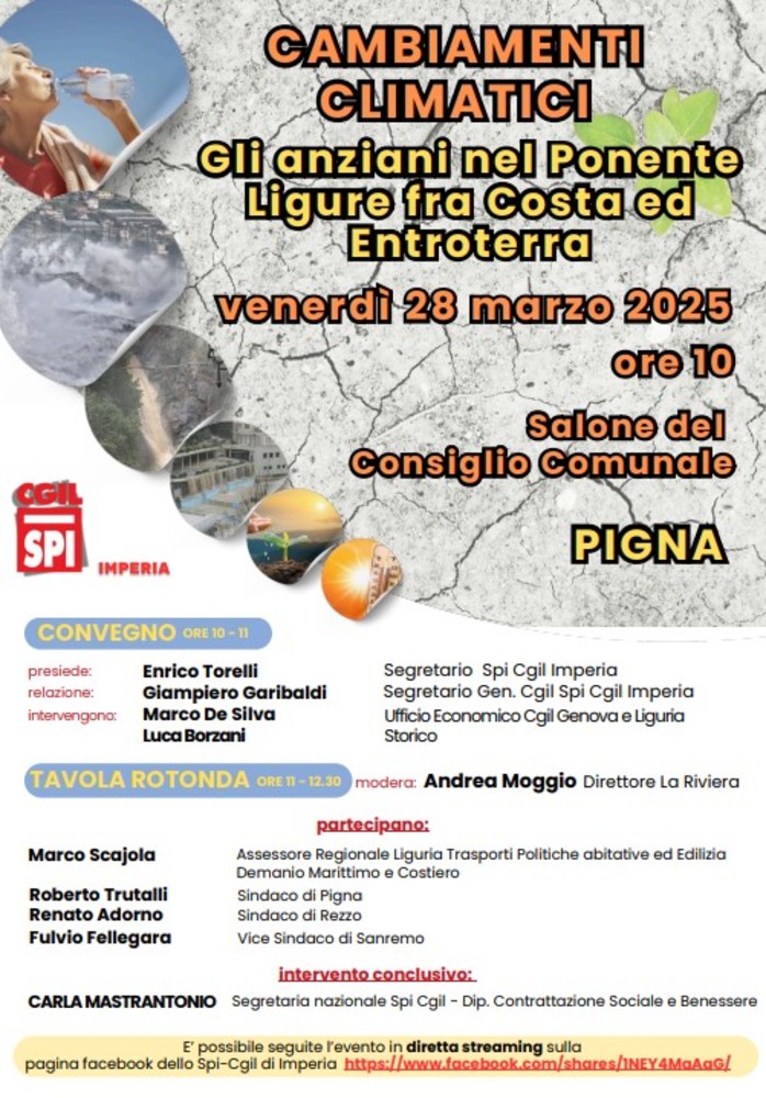 “Cambiamenti climatici, gli anziani nel ponente ligure fra Costa ed entroterra”: incontro a Pigna della Spi Cgil Imperia “Cambiamenti climatici, gli anziani nel ponente ligure fra Costa ed entroterra”: incontro a Pigna della Spi Cgil Imperia