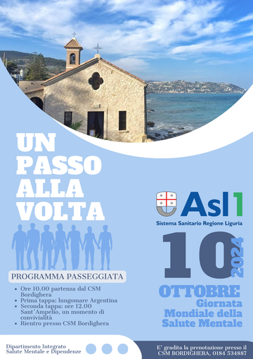 Bordighera, "Un passo alla volta": domani passeggiata organizzata dal Dipartimento Salute Mentale Bordighera, "Un passo alla volta": domani passeggiata organizzata dal Dipartimento Salute Mentale