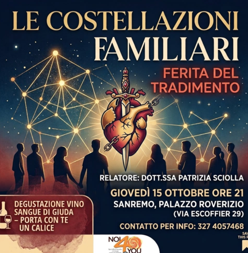 Sanremo, Noi4You presenta: "Costellazioni Familiari ~ La Ferita del Tradimento", una serata tra psicologia e cultura del vino