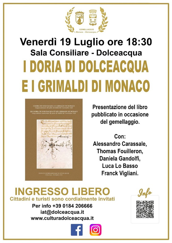 Venerdì la presentazione de “I Doria di Dolceacqua e i Grimaldi di Monaco. Cinquecentenario del patto di fedeltà del 3 novembre 1523”