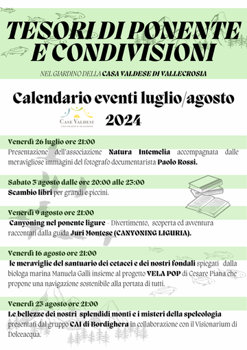Agosto ricco di eventi alla Casa Valdese di Vallecrosia: ecco il programma