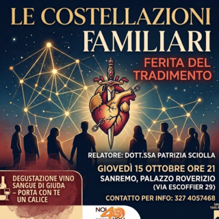 Sanremo, Noi4You presenta: "Costellazioni Familiari ~ La Ferita del Tradimento", una serata tra psicologia e cultura del vino Sanremo, Noi4You presenta: "Costellazioni Familiari ~ La Ferita del Tradimento", una serata tra psicologia e cultura del vino