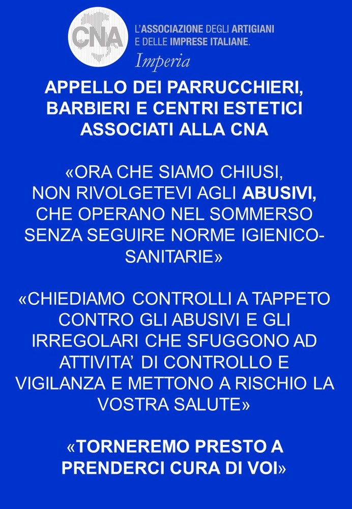 CNA Benessere e Sanità in provincia di Imperia sottoscrive l'appello al Ministro dell’Interno, “Più controlli contro l’abusivismo” CNA Benessere e Sanità in provincia di Imperia sottoscrive l'appello al Ministro dell’Interno, “Più controlli contro l’abusivismo”