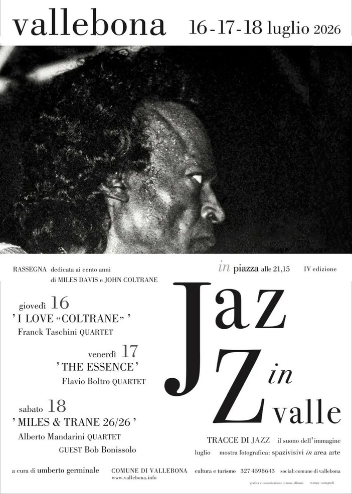 Vallebona, “Jazz in Valle” rende omaggio a Miles Davis e John Coltrane nel centenario della nascita Vallebona, “Jazz in Valle” rende omaggio a Miles Davis e John Coltrane nel centenario della nascita