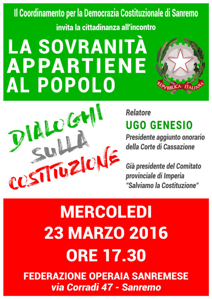 Sanremo: "La sovranità appartiene al popolo – Dialoghi sulla Costituzione" evento pubblico organizzato dal CDC