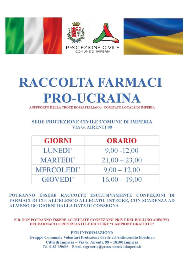 Emergenza Ucraina, la protezione civile di Imperia in prima linea per raccogliere farmaci e materiale sanitario da inviare nelle zone di guerra (foto) Emergenza Ucraina, la protezione civile di Imperia in prima linea per raccogliere farmaci e materiale sanitario da inviare nelle zone di guerra (foto)