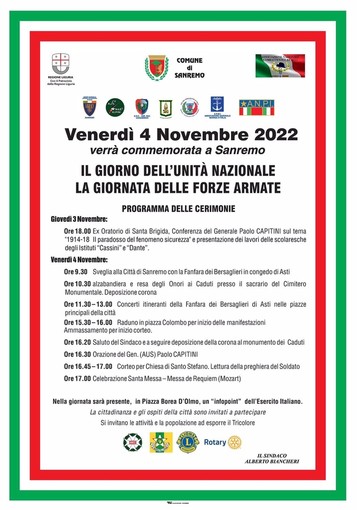 Giornata dell'Unità nazionale e delle Forze Armate, stasera a Sanremo conferenza del Generale Capitini