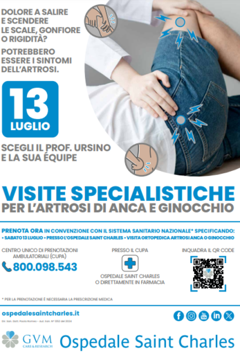 Bordighera, prenotazioni visita specialistica artrosi dell'anca e del ginocchio all'ospedale Saint Charles