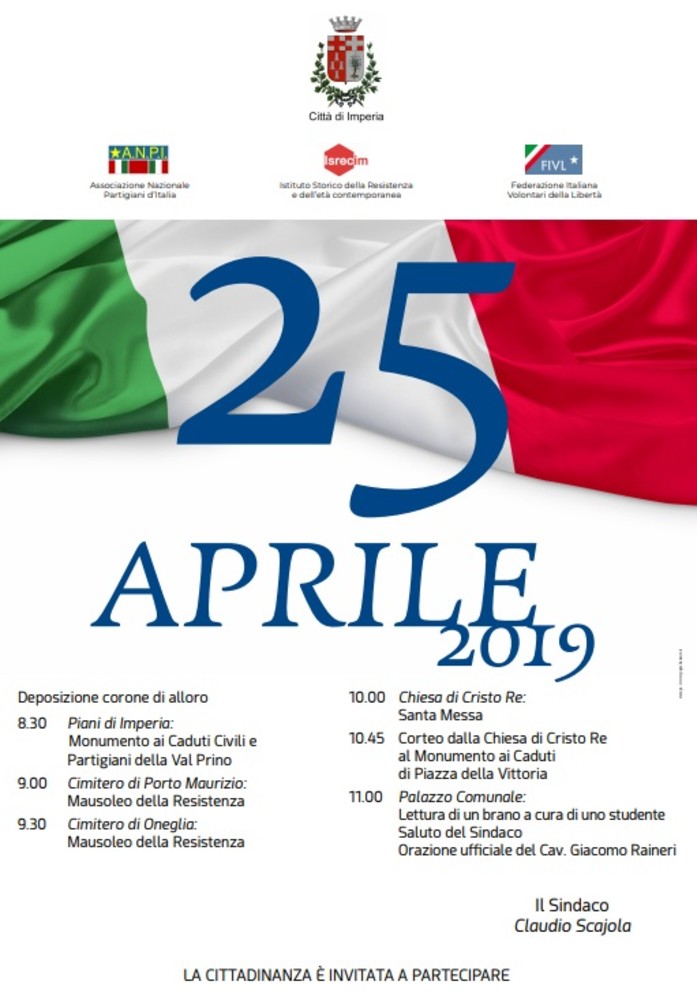Imperia: 25 aprile, il programma della celebrazione per l'anniversario della liberazione Imperia: 25 aprile, il programma della celebrazione per l'anniversario della liberazione