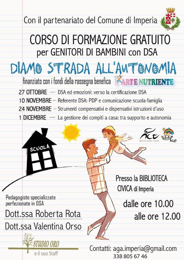 Imperia: grazie ai proventi degli spettacoli de 'L'Arte Nutriente', l'associazione Genitori Attivi organizza 4 corsi gratuiti per genitori con figli affetti da DSA Imperia: grazie ai proventi degli spettacoli de 'L'Arte Nutriente', l'associazione Genitori Attivi organizza 4 corsi gratuiti per genitori con figli affetti da DSA