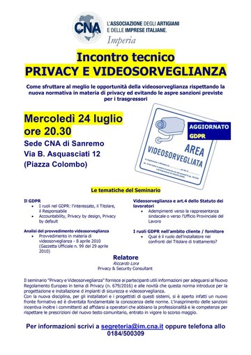 Sanremo: videosorveglianza e normativa privacy, un corso per installatori con CNA