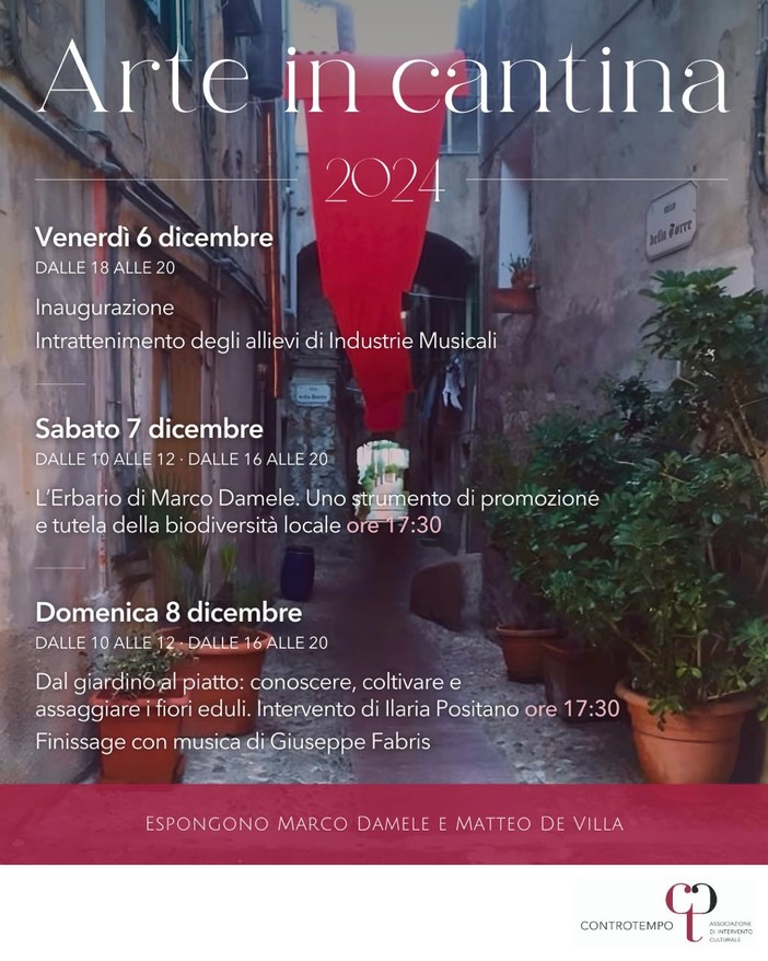 Ventimiglia: “Arte in cantina”, tutto pronto per l'edizione 2025 con le mostre di Marco Damele e Matteo De Villa Ventimiglia: “Arte in cantina”, tutto pronto per l'edizione 2025 con le mostre di Marco Damele e Matteo De Villa