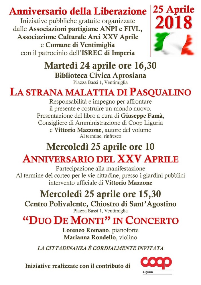 Ventimiglia: le iniziative per il 25 aprile organizzate dalle associazioni Anpi e Fivl