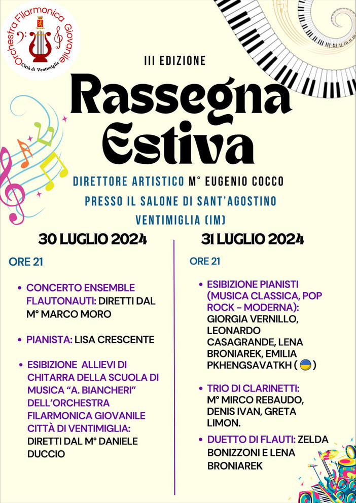 Ventimiglia, stasera e domani i concerti della Rassegna estiva insieme all'orchestra giovanile della città Ventimiglia, stasera e domani i concerti della Rassegna estiva insieme all'orchestra giovanile della città