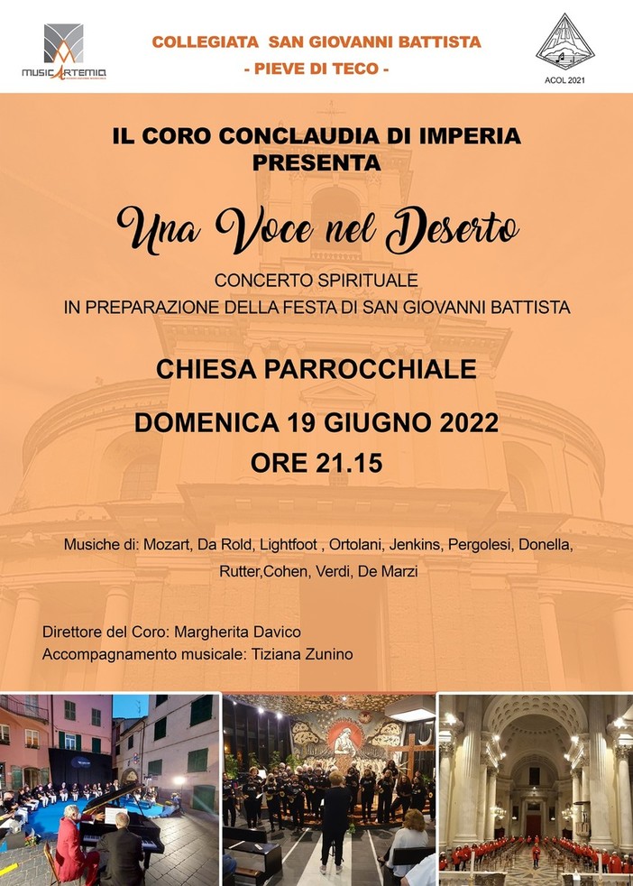 Pieve di Teco, domani sera 'Una voce nel deserto': concerto spirituale del ‘coro ConClaudia’ Pieve di Teco, domani sera 'Una voce nel deserto': concerto spirituale del ‘coro ConClaudia’