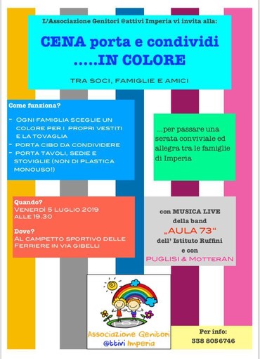Imperia: venerdì, l'associazione Genitori Attivi organizza la prima 'Cena porta e condividi.. in colore' Imperia: venerdì, l'associazione Genitori Attivi organizza la prima 'Cena porta e condividi.. in colore'