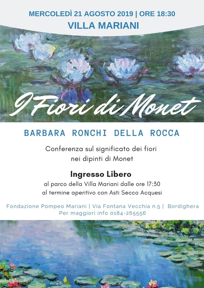Bordighera: mercoledì a Villa Mariani la conferenza “I Fiori di Monet” di Barbara Ronchi della Rocca Bordighera: mercoledì a Villa Mariani la conferenza “I Fiori di Monet” di Barbara Ronchi della Rocca