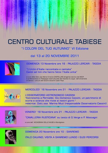 Taggia: dal 13 al 22 novembre al via la 7° edizione della settimana di eventi culturali del centro culturale Tabiese