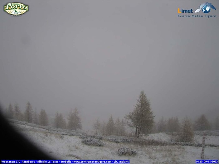 Fiocchi di neve imbiancano Monesi e il Monte Saccarello Fiocchi di neve imbiancano Monesi e il Monte Saccarello