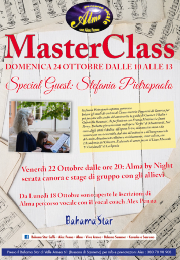 Master Class: tutto pronto per il grande evento canoro di domenica 24 ottobre al Bahama Star di Alex Penna di Sanremo con la Special Guest Stefania Pietropaolo Master Class: tutto pronto per il grande evento canoro di domenica 24 ottobre al Bahama Star di Alex Penna di Sanremo con la Special Guest Stefania Pietropaolo