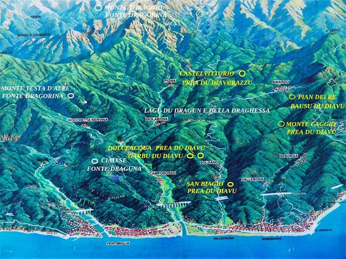 Mappa con i relitti di toponomastica che ricordano un lontano passato in cui l'estremo Ponente Ligure era infestato da draghi e demoni Mappa con i relitti di toponomastica che ricordano un lontano passato in cui l'estremo Ponente Ligure era infestato da draghi e demoni