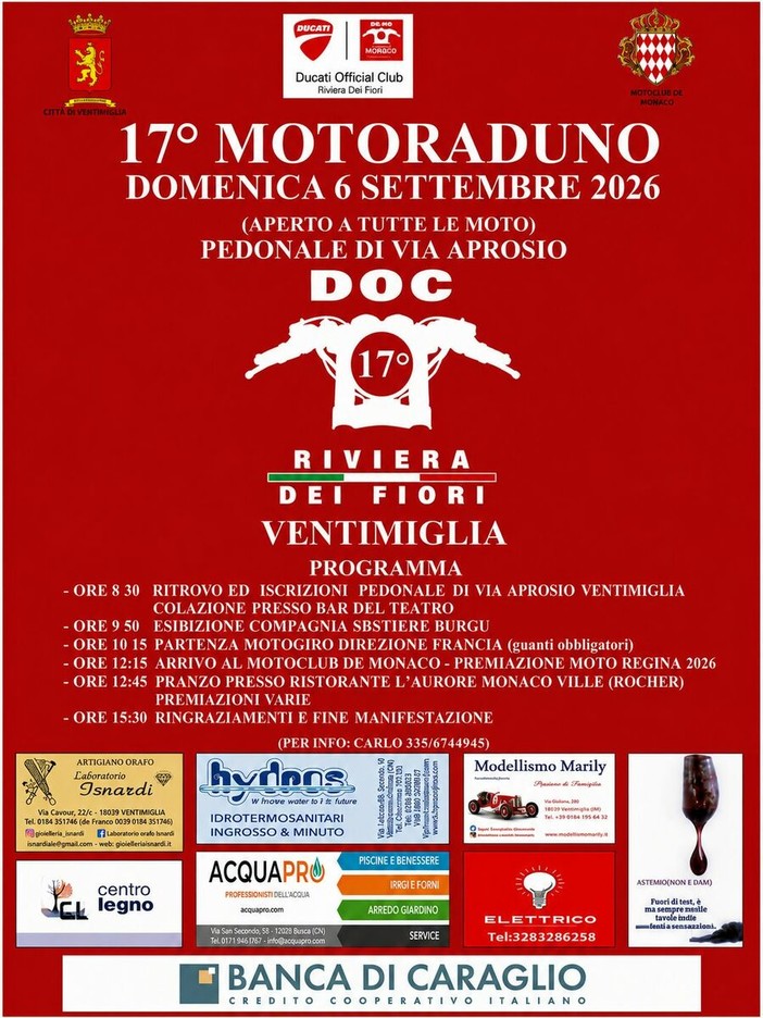 Ventimiglia, domenica 6 settembre torna il motoraduno del D.O.C. Riviera dei Fiori diretto a Montecarlo Ventimiglia, domenica 6 settembre torna il motoraduno del D.O.C. Riviera dei Fiori diretto a Montecarlo