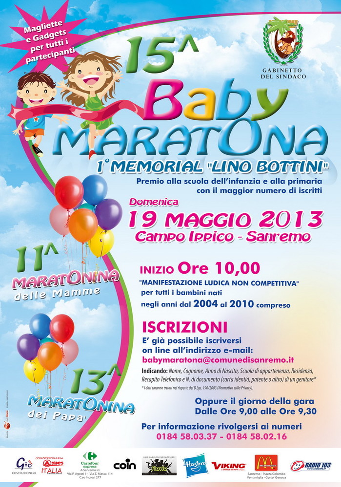 Sanremo: per la Baby Maratona del 17 maggio, iscrizioni on line fino a venerdì 17 maggio