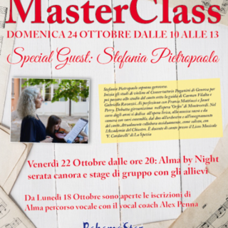 Master Class: tutto pronto per il grande evento canoro di domenica 24 ottobre al Bahama Star di Alex Penna di Sanremo con la Special Guest Stefania Pietropaolo